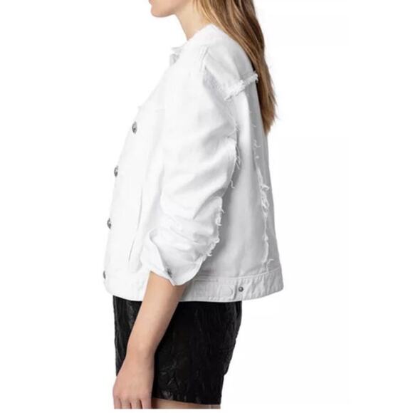 NWT: Zadig & Voltaire Kaely Destroy Denim Jacket in White Size L - Picture 3 of 15